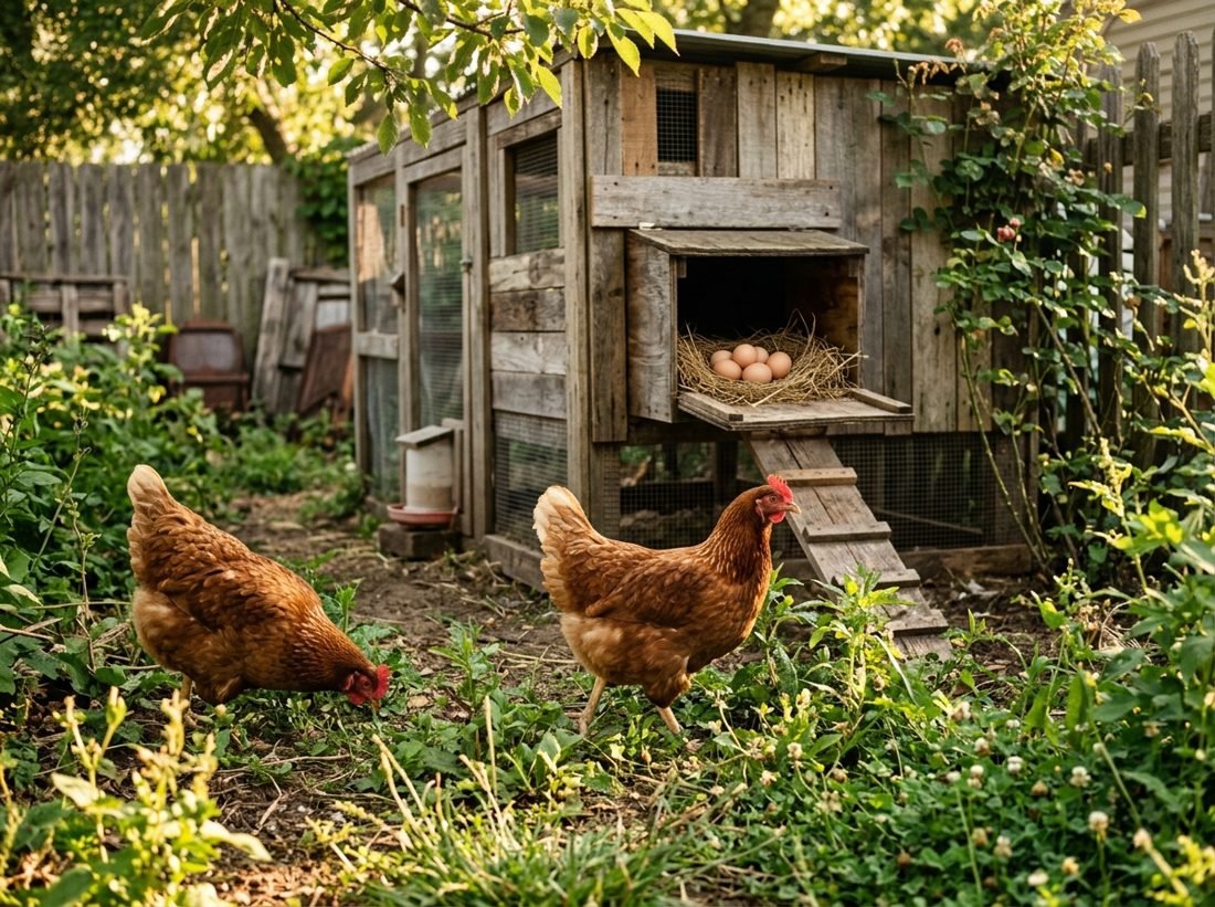 Gallinas en el patio con gallinero de materiales reciclados