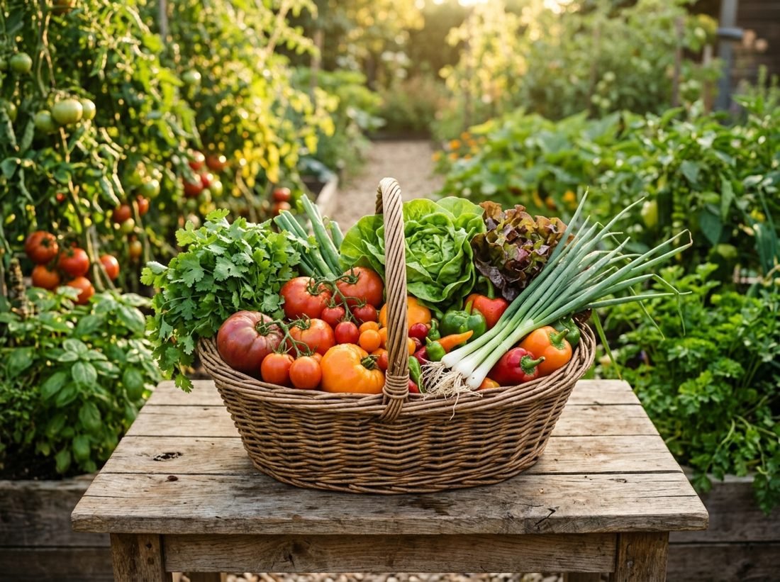 Canasta llena de verduras frescas cosechadas del huerto
