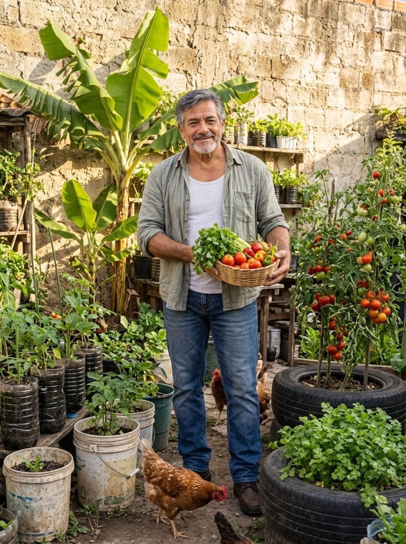 Don Mateo Del Patio con una canasta de verduras en su patio